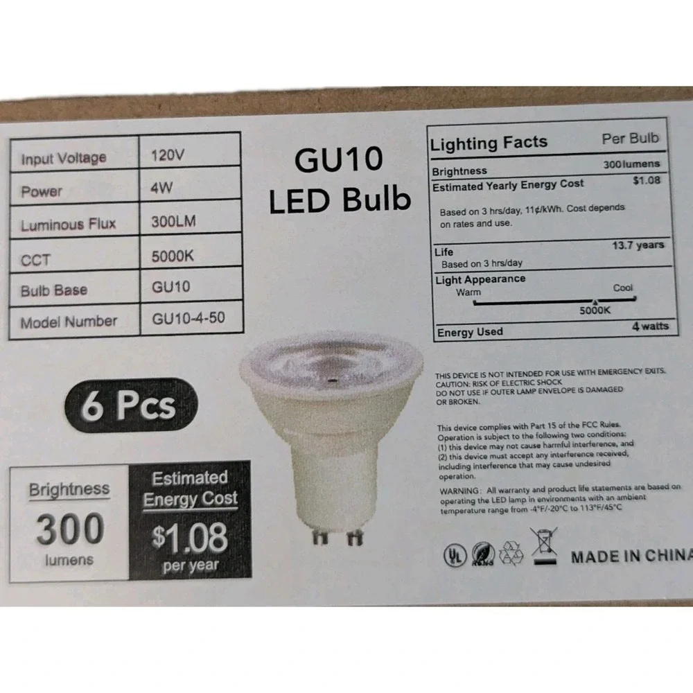 6 Pack GU10 LED Bulbs 4W (50W Eq) 5000K Daylight White MR16 Shape 2-Pin Base